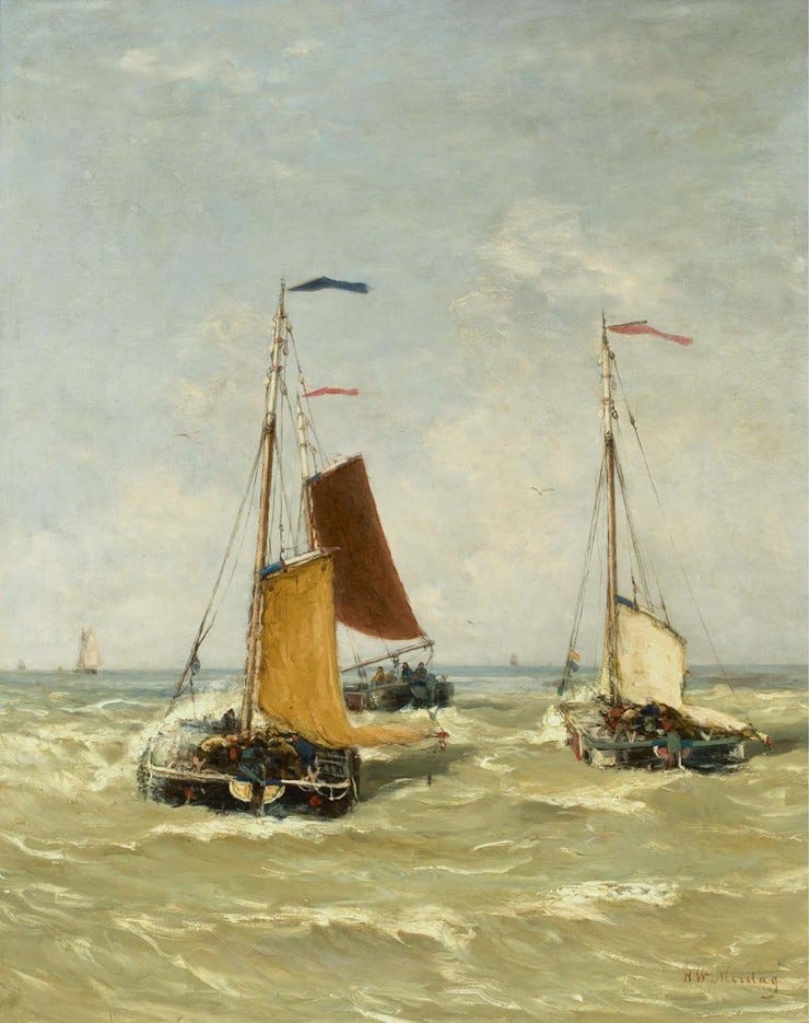'Boats at sea' - olieverf op doek: H.W. Mesdag (Lot 5 Sotheby's 19th Century European Paintings Auction 9 juli) 'Boats at sea' - olieverf op doek: H.W. Mesdag (Lot 5 Sotheby's 19th Century European Paintings Auction 9 juli)