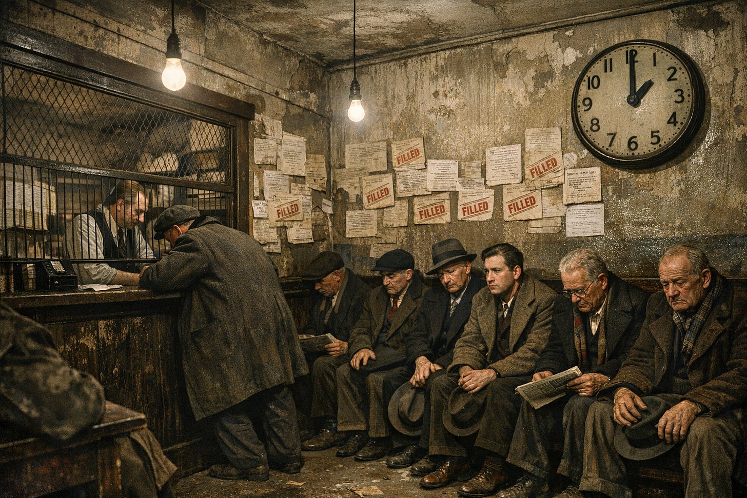 Hyperrealistic color photograph of a Depressionera employment agency waiting room, Sixth Avenue, New York City, December 1935. Cramped, dingy office with wooden benches lined with unemployed men in worn suits and overcoats, hats held in laps. A clerk behind a metal grille window speaks to an applicant whose posture shows defeat. Walls covered with job postings, many with “FILLED” stamped or written across them. Bare lightbulbs hang from ceiling, harsh shadows. A large clock on the wall shows 2:00. Men’s faces show desperation, hope, defeat—ranging from young men in their 20s to older workers in their 50s. Period details: wirerim spectacles, suspenders visible under open coats, newspapers clutched, scuffed leather shoes. Paint peeling from walls, water stains on ceiling. Oppressive atmosphere of waiting and dashed hope. Documentary photography style, natural lighting through dirty windows, high contrast, authentic 1930s poverty..png