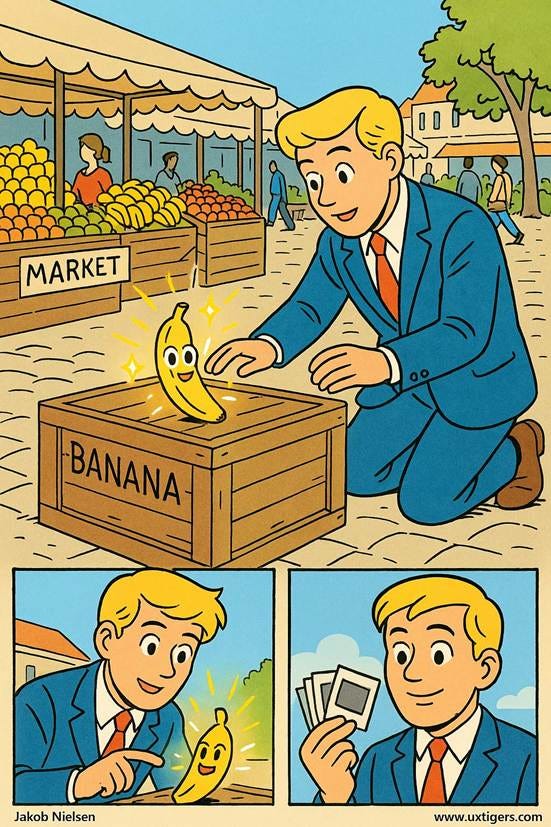 A cartoon of a person looking at a banana