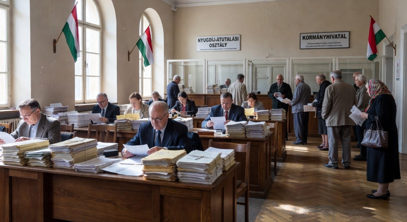 Hungarian government office with officials processing documents and citizens waiting in line Hungarian government office with officials processing documents and citizens waiting in line