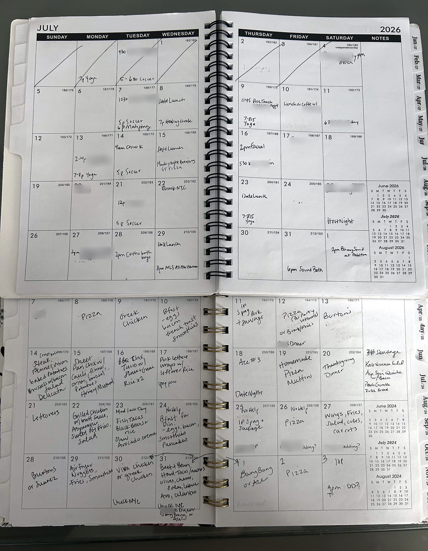 Two open three-year planners for July, a life calendar above and a meal calendar below, filled in by hand with some days left blank.