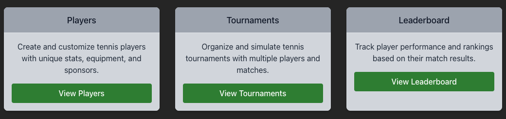 A similar screen shot showing the piece of the above web page that displays the player, tournament and leaderboard box. Instead of being white, they are colored gray and show text that describes the function of each box.