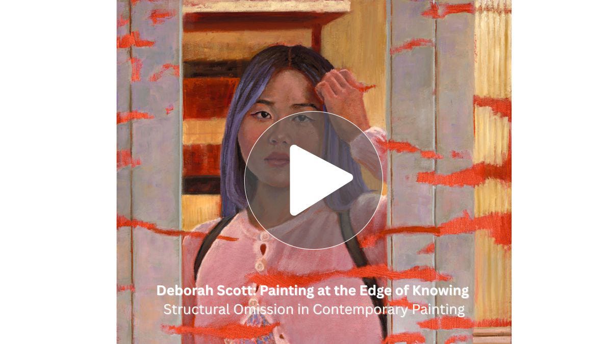 Painting of a portrait of a girl reflected in a mirror, framed through omissions revealing the limits of perception and narrative closure. By Deborah Scott, part of her Structural Omission framework in the Post-Certainty Era, exploring structural incompleteness. Deborah Scott Art.