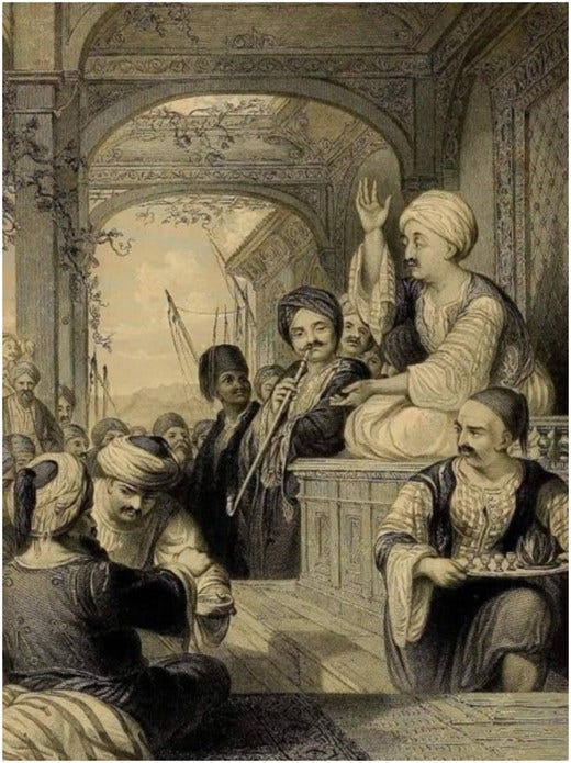 Kız Ahmed, a coffeehouse owner and one of the most popular storytellers in Istanbul in the 1830s. Illustration by Thomas Allom.Thomas Allom and Robert Walsh, Constantinople and the Scenery of the Seven Churches of Asia Minor, Illustrated. (London; Paris, 1838), 71. Kız Ahmed, a coffeehouse owner and one of the most popular storytellers in Istanbul in the 1830s. Illustration by Thomas Allom.Thomas Allom and Robert Walsh, Constantinople and the Scenery of the Seven Churches of Asia Minor, Illustrated. (London; Paris, 1838), 71.