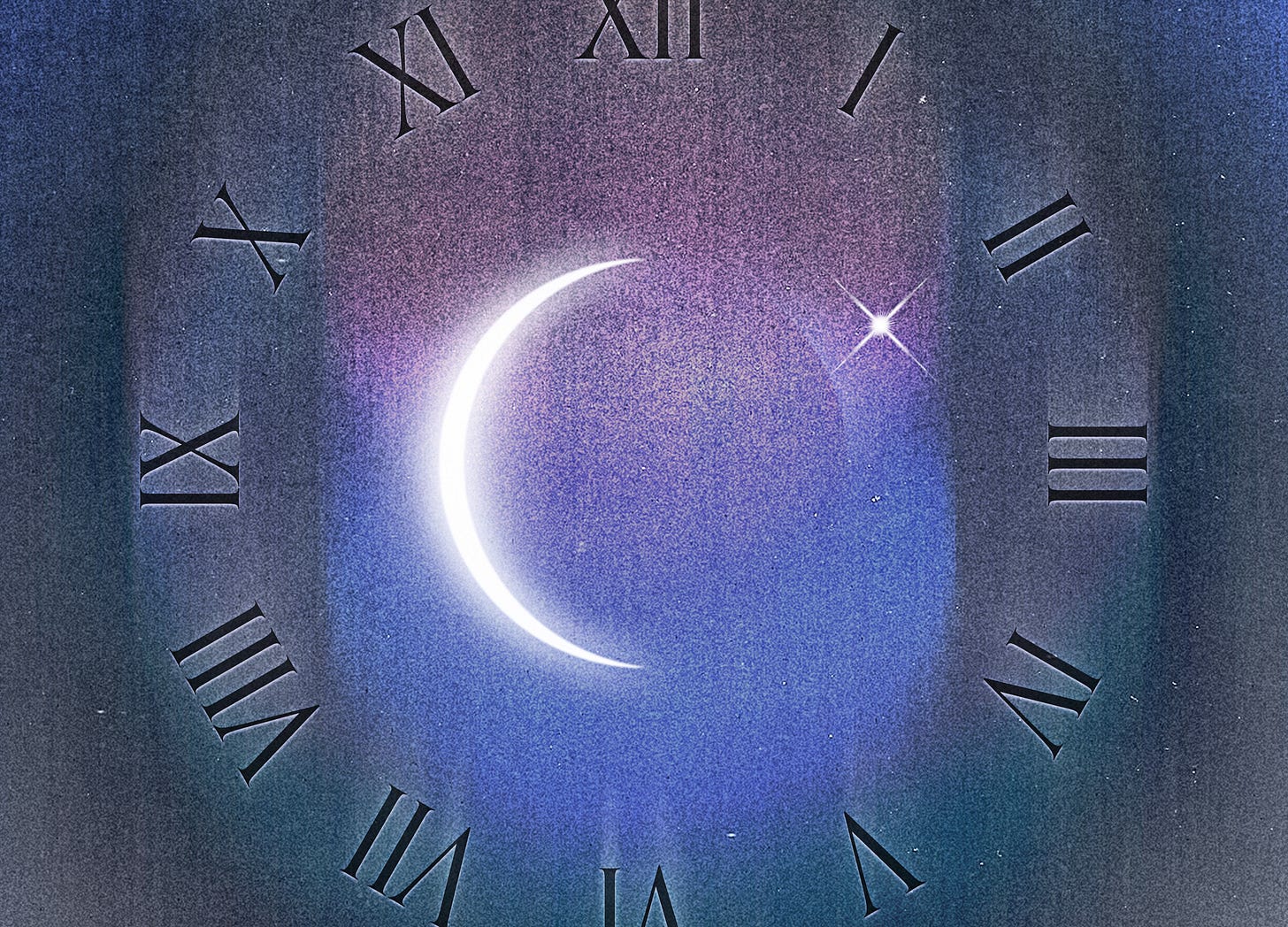 Illustration of a crescent moon sounded by a roman numeral clock face.