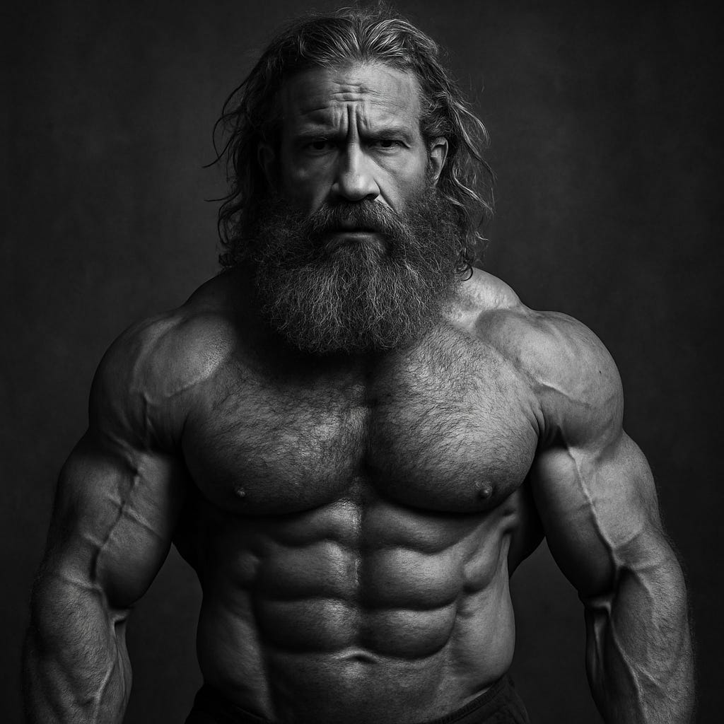 A black-and-white image of a shirtless, muscular man with a rugged beard, resembling fitness influencers, evoking themes of toxic masculinity and performance culture.