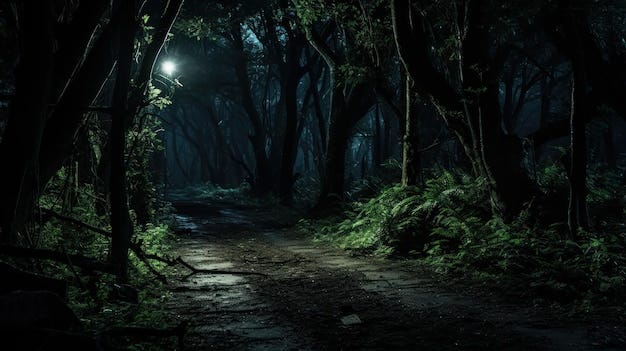 Dark forest scene with a clear path among the trees