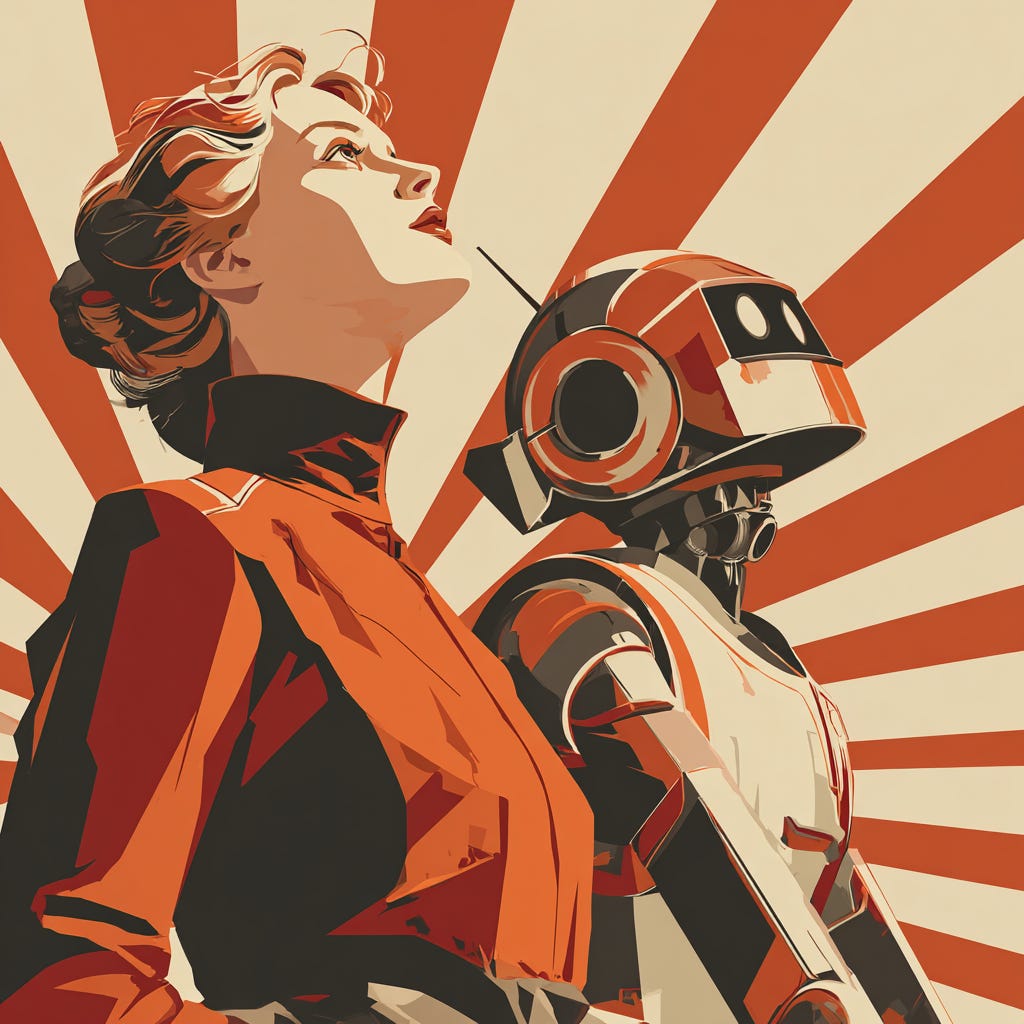 A bold, geometric Art Deco-style illustration featuring a young woman in profile, gazing upward with determination, wearing modern tech-worker attire