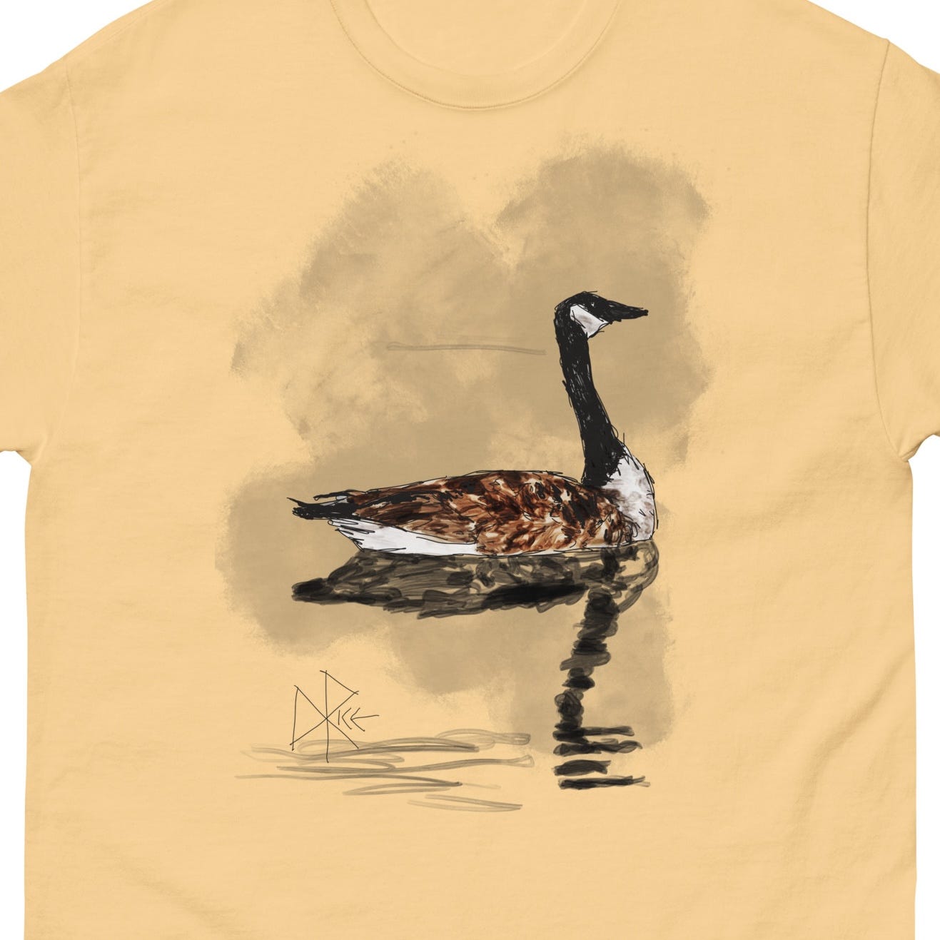 A Canada Goose traverses across the surface of a reflective body of water. Sketch art by Don Rice. A Canada Goose traverses across the surface of a reflective body of water. Sketch art by Don Rice.