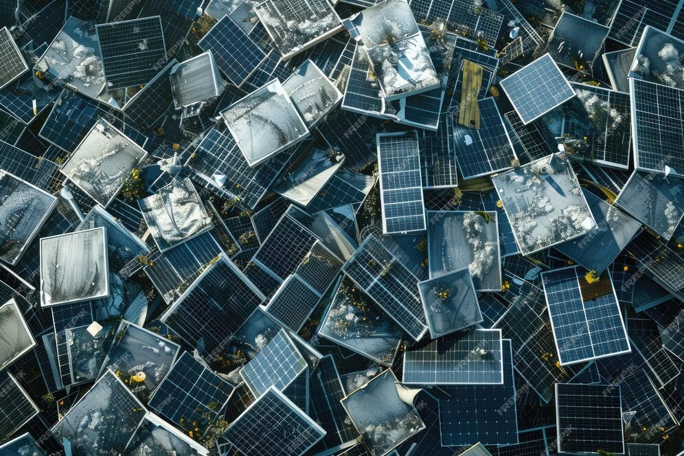 Overhead photo of solar panels dumped in landfill Overhead photo of solar panels dumped in landfill