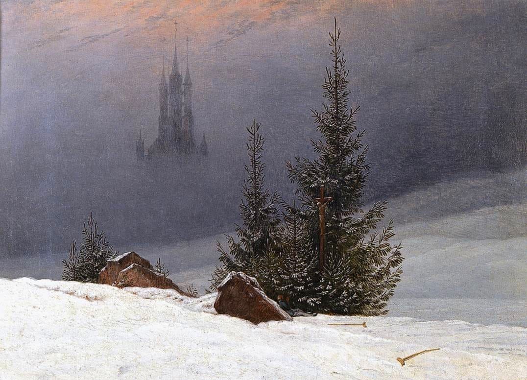 A lone traveller leans against a rock and prays before a crucifix in deep snow, a church behind in the mist A lone traveller leans against a rock and prays before a crucifix in deep snow, a church behind in the mist