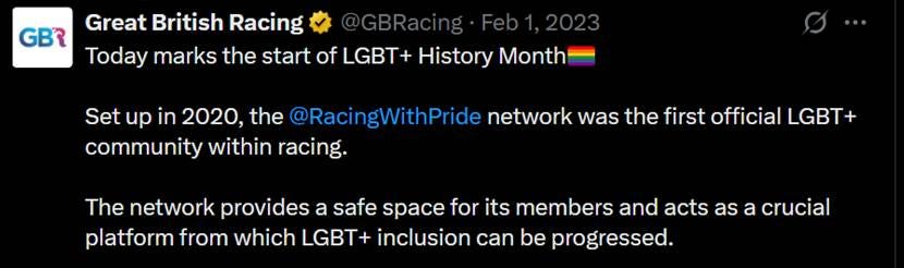 Great British racing tweet promoting LGBT+ History Month