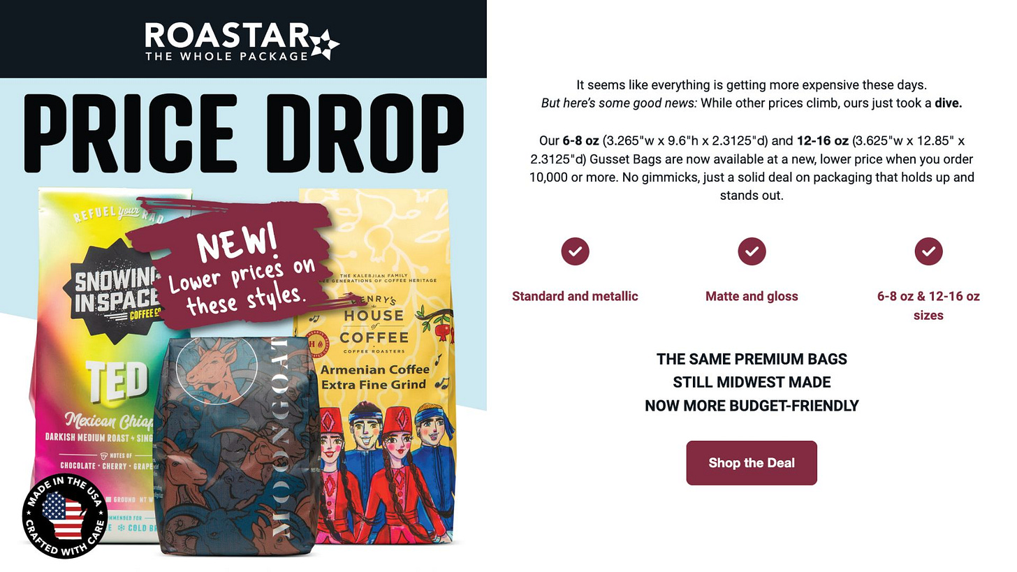 Advertisement for Roastar coffee packaging's 20% off sale. Click to go to the Roastar website.
