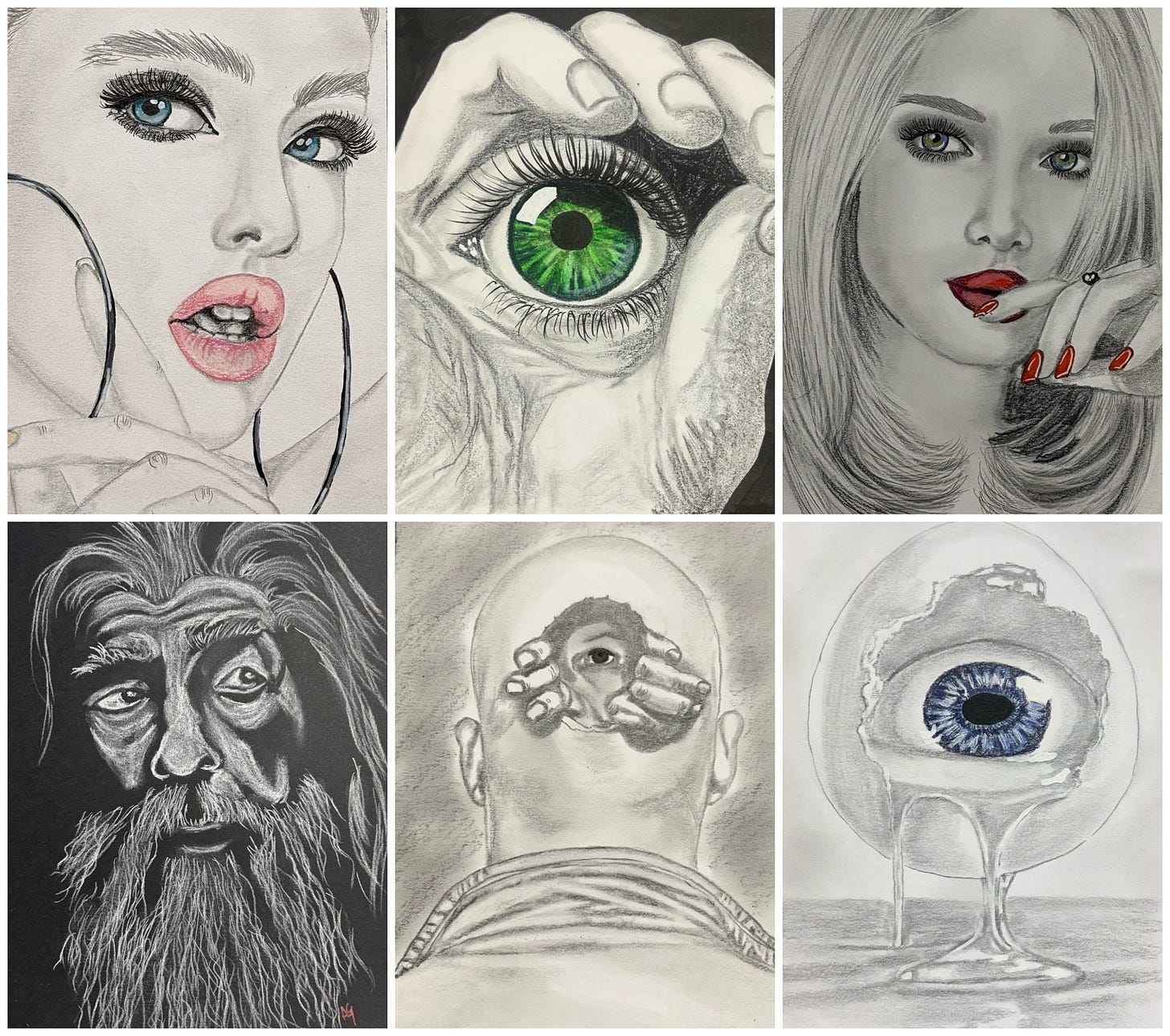 Collage of six pencil and colored-pencil portrait drawings by Alexandra Grant: eyes, faces, and hands. Collage of six pencil and colored-pencil portrait drawings by Alexandra Grant: eyes, faces, and hands.