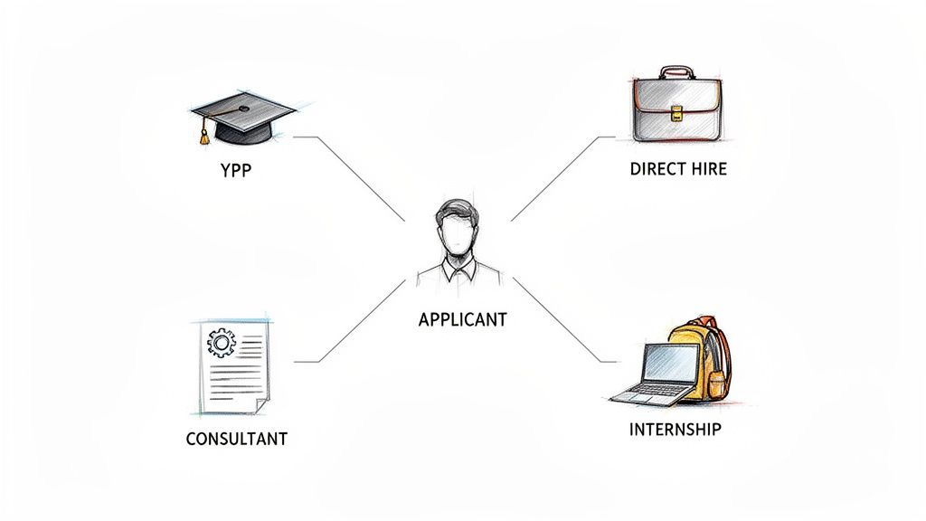 An applicant flowchart illustrating four career paths: YPP, Direct Hire, Consultant, and Internship. An applicant flowchart illustrating four career paths: YPP, Direct Hire, Consultant, and Internship.