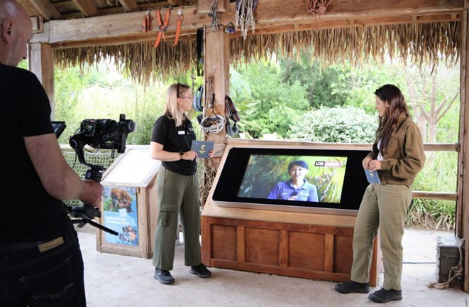 Two presenters being filmed.