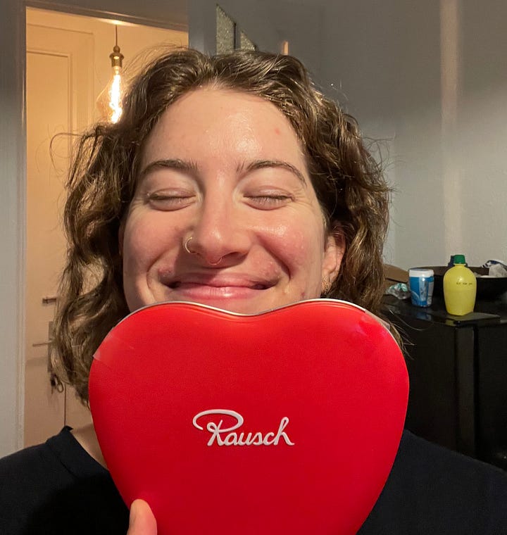 L: Vietnamese curry R: Maeve smiling with a tin of chocolates