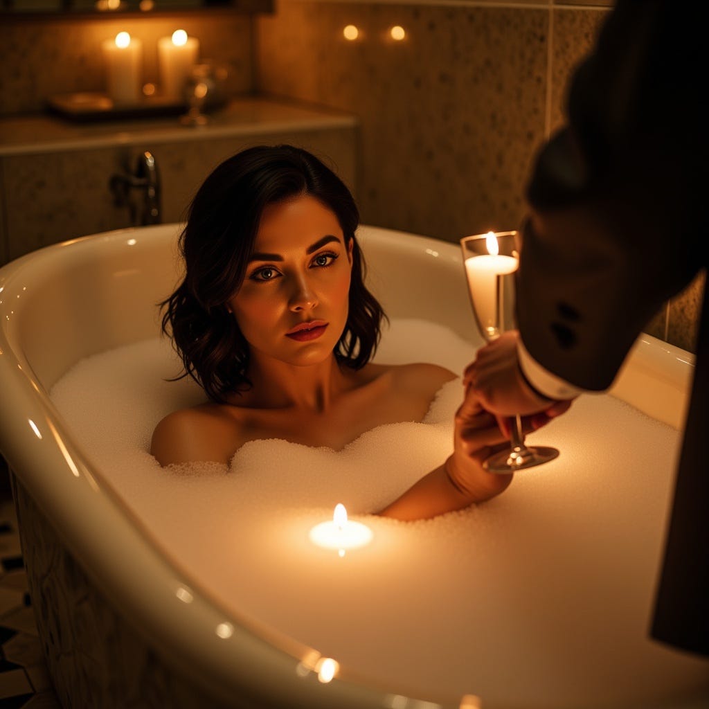 “daphne sits in a candlelit bathtub filled with bubbles that rise to her collarbone. she holds a champagne flute as she reaches toward a man standing partly in shadow at the edge of the frame. the room glows with warm amber candlelight, steam drifting softly through the air. tone: red-accent identity — muted rose palette, wine serif mood, emotional intimacy and quiet trust. logo absent for purity. seo tags: cinematic photograph of woman in bathtub, emotional intimacy, masculine tenderness, cuffed brand aesthetic.”