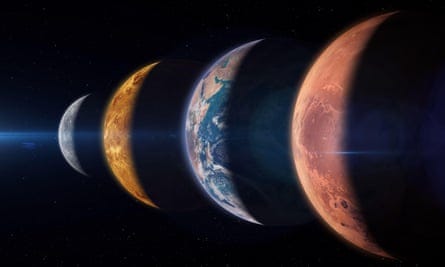The sun lighting the sides of Mercury, Venus, Earth and Mars