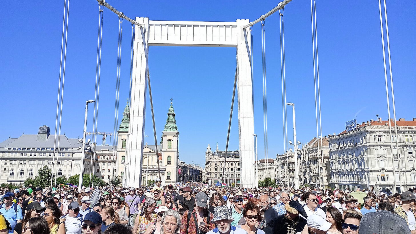 Crowds at Budapest Pride on 28 June 2025, seen from Elisabeth Bridge looking back toward Ferenciek tere in central Budapest. Crowds at Budapest Pride on 28 June 2025, seen from Elisabeth Bridge looking back toward Ferenciek tere in central Budapest.