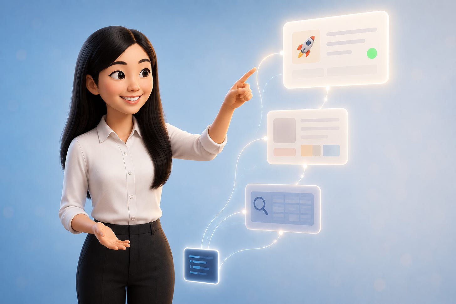 Pixar-style 3D illustration of Jenny Ouyang from Build to Launch gesturing toward three ascending floating cards — a data grid with magnifying glass, a design layout panel, and a live product page with a glowing green button and rocket icon — connected by glowing lines from a terminal, representing three levels of Claude MCP workflow: Retrieve, Change, and Execute Pixar-style 3D illustration of Jenny Ouyang from Build to Launch gesturing toward three ascending floating cards — a data grid with magnifying glass, a design layout panel, and a live product page with a glowing green button and rocket icon — connected by glowing lines from a terminal, representing three levels of Claude MCP workflow: Retrieve, Change, and Execute