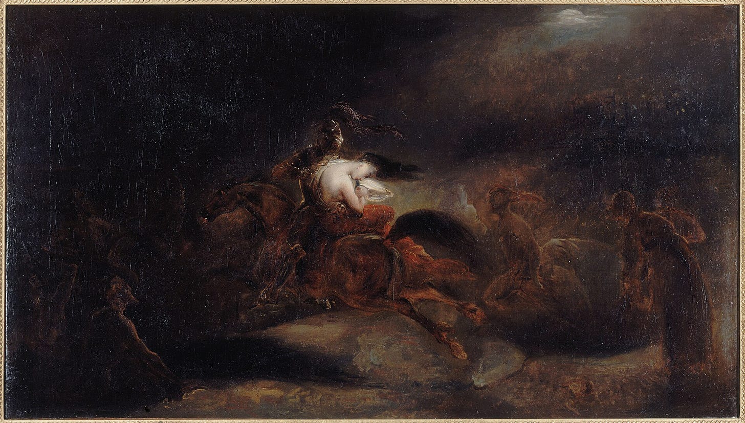 Ary Scheffer's Lenore: The Dead Go Fast, a night scene of a young woman carried off by a dark rider on horseback. Ary Scheffer's Lenore: The Dead Go Fast, a night scene of a young woman carried off by a dark rider on horseback.