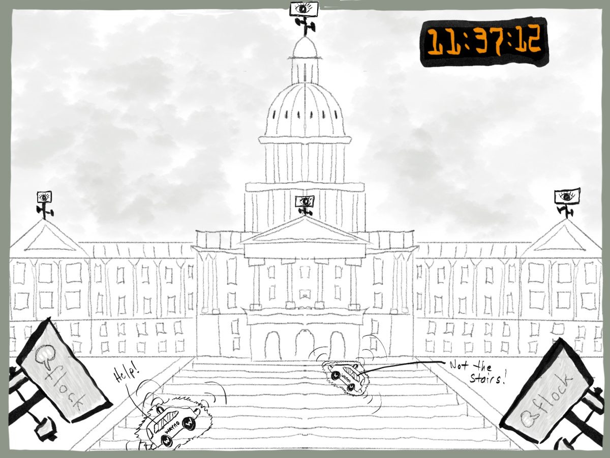A cartoon drawing of Waymo driverless cars driving up the west steps of the Colorado Capitol building A cartoon drawing of Waymo driverless cars driving up the west steps of the Colorado Capitol building