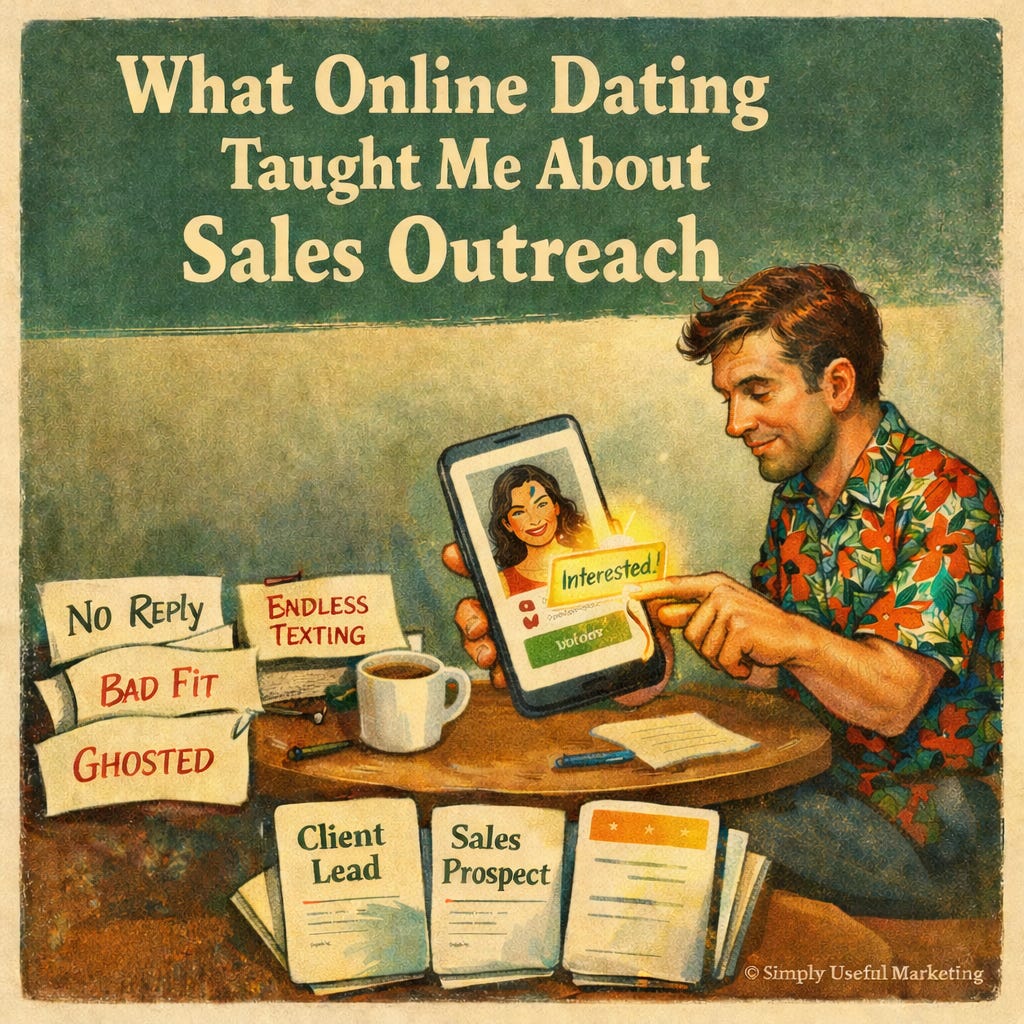 Vintage-style square illustration of a man in a bright Hawaiian shirt swiping on a dating app at a small table with a tea mug, while notes reading “No Reply,” “Endless Texting,” “Bad Fit,” and “Ghosted” sit beside sales prospect cards, under the headline “What Online Dating Taught Me About Sales Outreach” and a small © Simply Useful Marketing credit.