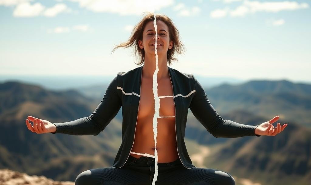 A person meditating on a mountain, their body visually split down the middle to symbolize the fragmentation gap and the search for wholeness.