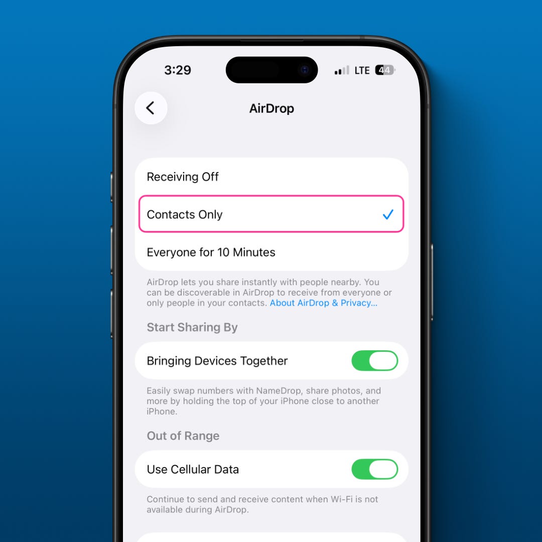 iPhone AirDrop settings screen with Contacts Only selected instead of Everyone, limiting who can discover and send files to the device. iPhone AirDrop settings screen with Contacts Only selected instead of Everyone, limiting who can discover and send files to the device.