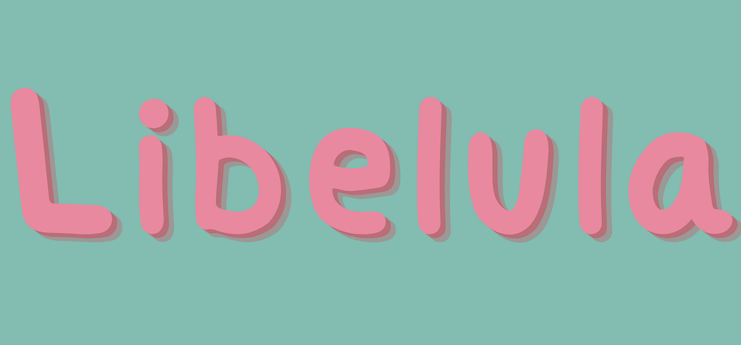 Libelula, written in light bink bubble font Libelula, written in light bink bubble font