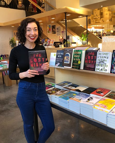 Author Andrea Bartz holding up a copy of THE LOST NIGHT at McNally Jackson books, signing a copy at McNally Jackson, and holding up a page of People Magazine with a review of her book