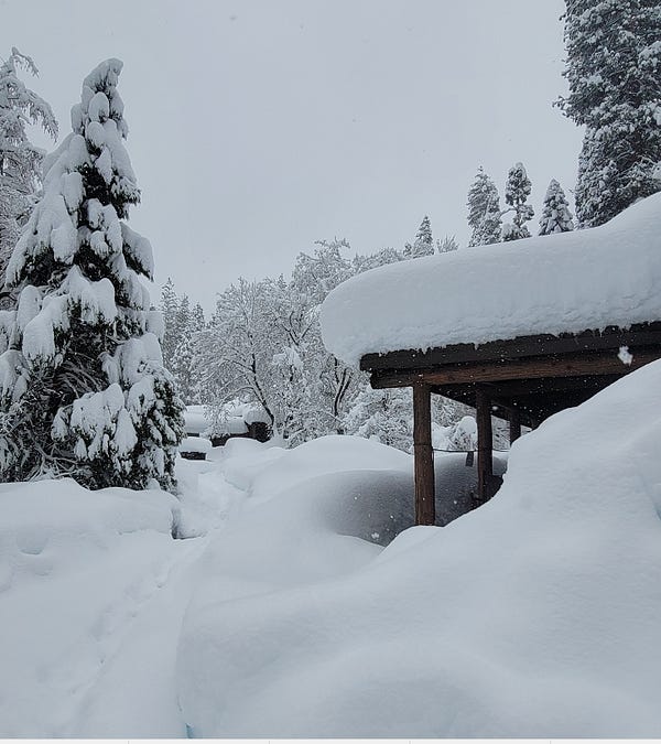 Curry Village Lounge on right side, barely visible due to snow with a deep path through snow toward the Curry Village Pavilion