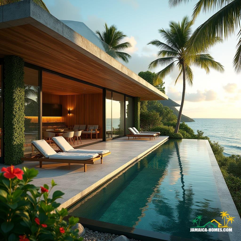 A luxurious modern Jamaican villa, blending sleek concrete lines with warm, rich wooden accents, set amidst lush tropical landscaping, with sprawling palms and vibrant hibiscus. Large glass windows, framed in reclaimed wood, stretch towards the sky, bathing the open-concept living space in natural light, and offering breathtaking views of the turquoise ocean. An infinity pool, crafted from polished concrete, appears to merge seamlessly with the sea, its surface glinting like molten glass in the sunlight. Solar panels, discreetly integrated into the roof, provide a sustainable source of energy, while lush green walls cascade down the façade, adding a touch of vibrant, tropical color to the design. As the sun sets, the villa is bathed in a warm, golden light, captured with the richness and depth of a cinematic film still, shot on v-raptor XL, with a subtle film grain, vignette, and post-processed color grading, evoking the epic, atmospheric beauty of a masterpiece, reminiscent of the works of Sebastião Salgado, Massimo Listri, and Andreas Gursky.