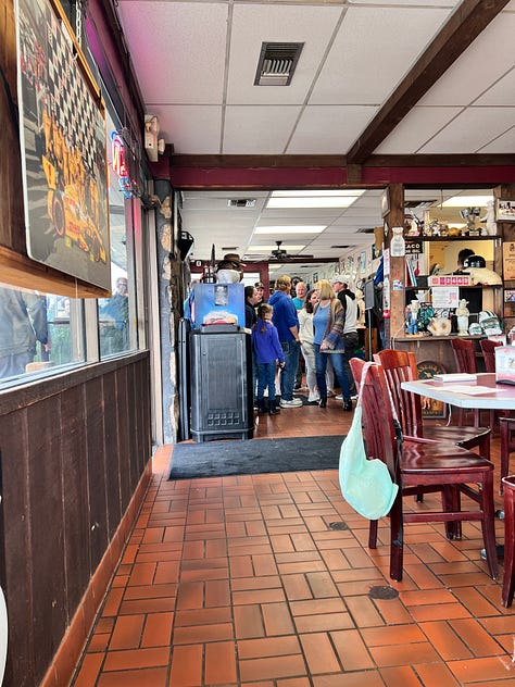 Various images of the inside and outside of Rusty’s Bar-b-q in Leeds Alabama