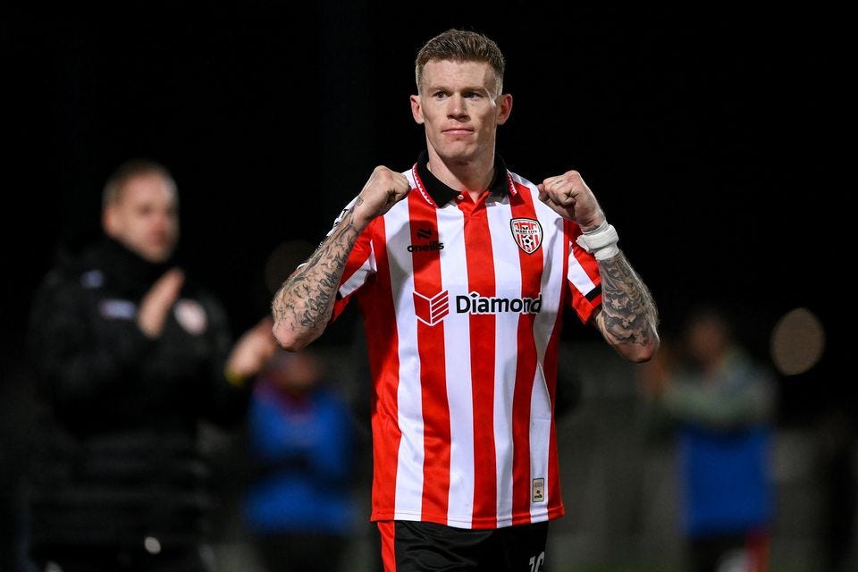 James McClean celebrates Derry's win over Sligo Rovers. Photo: Stephen McCarthy/Sportsfile