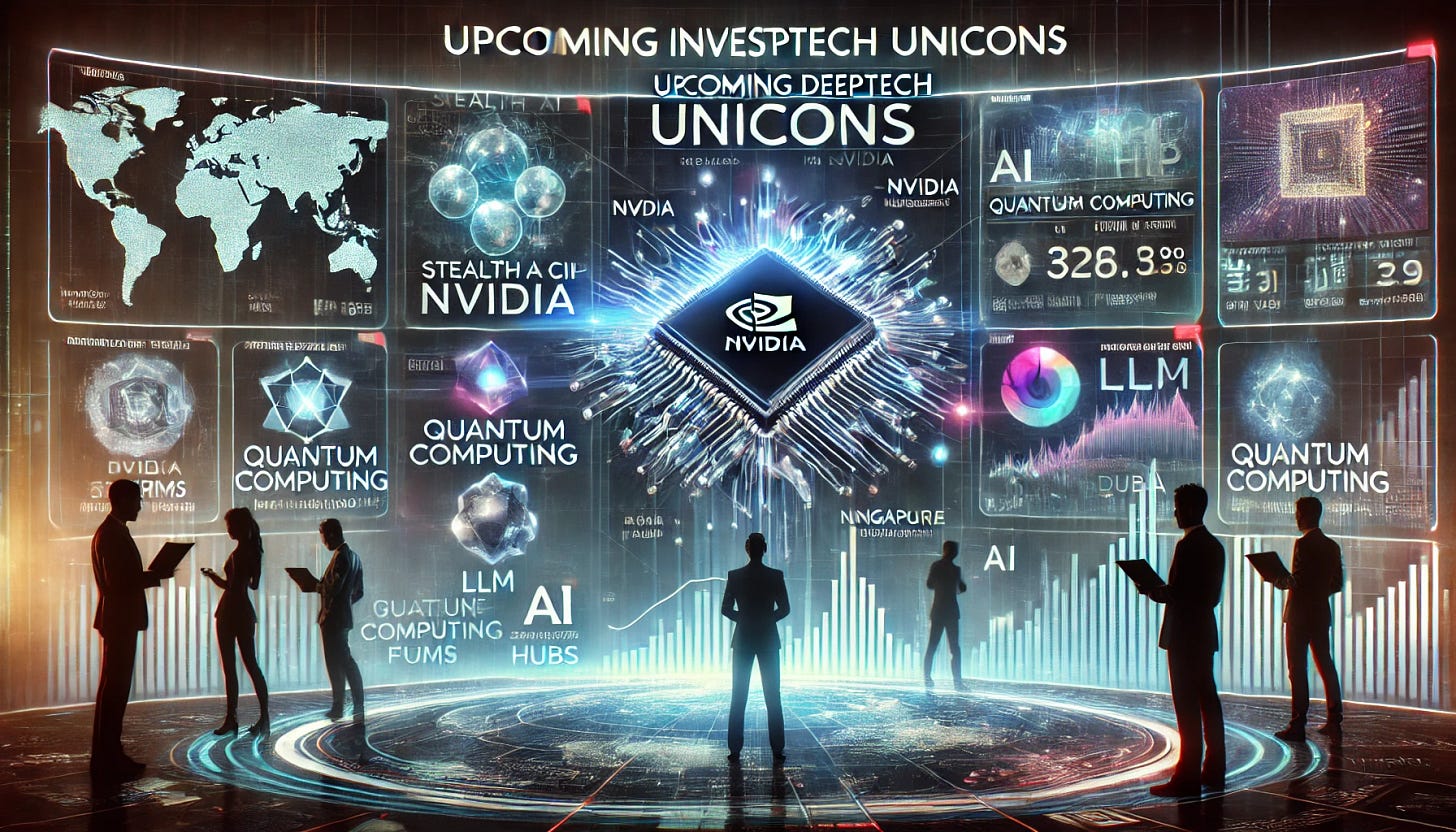 A futuristic investment dashboard displaying upcoming DeepTech unicorns in AI, quantum computing, and semiconductor startups. Investors analyze holographic charts showing projected valuations, market trends, and geopolitical influences. A stealth AI chip startup is highlighted as a major competitor to NVIDIA, with quantum computing firms and AI LLM hubs in Singapore and Dubai featured prominently. The atmosphere is cutting-edge and high-stakes, representing the future of venture capital in emerging technologies.