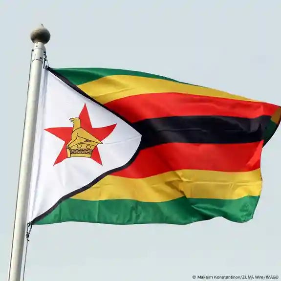 Zimbabwe flag waving in the sky.