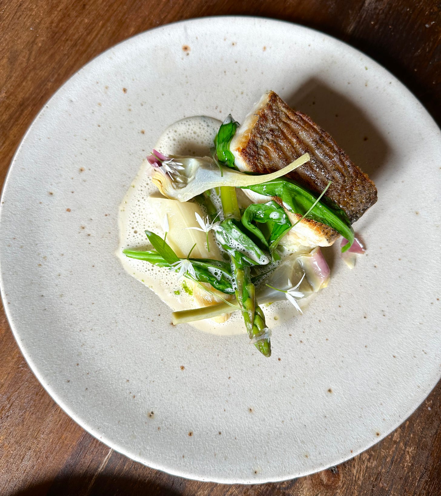 Homestead Cottage: Wild Atlantic hake with violet artichoke, white asparagus, wild garlic and clam cream