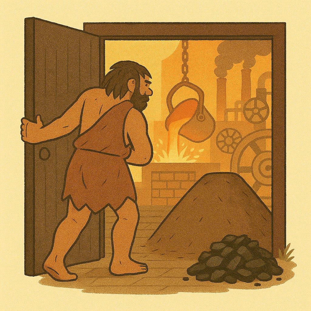 A caveman opening the technological gateway that charcoal created