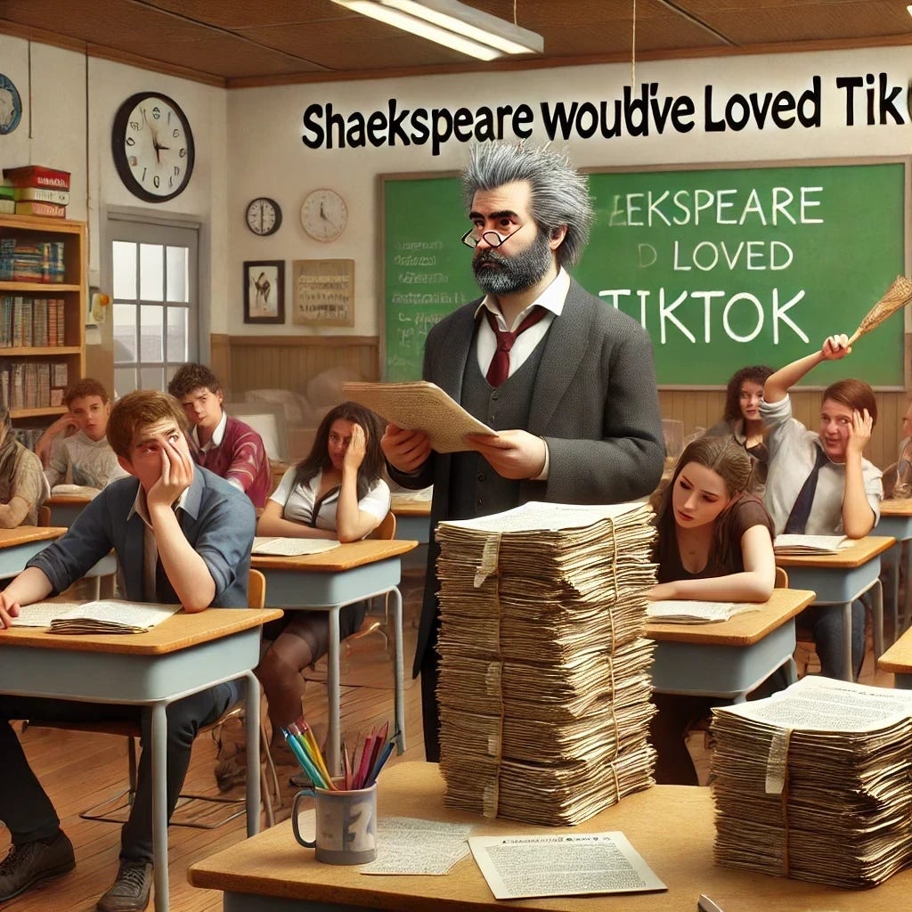 A realistic classroom scene where a frazzled teacher (resembling the author) is holding a stack of clearly AI-generated essays while students sit at their desks, some looking guilty, others amused. The classroom setting is detailed with realistic lighting, desks, and school supplies. In the background, a chalkboard is blank. The facial expressions of students and the teacher are highly detailed and lifelike, showing humor and mild exasperation with realistic skin tones and expressions.