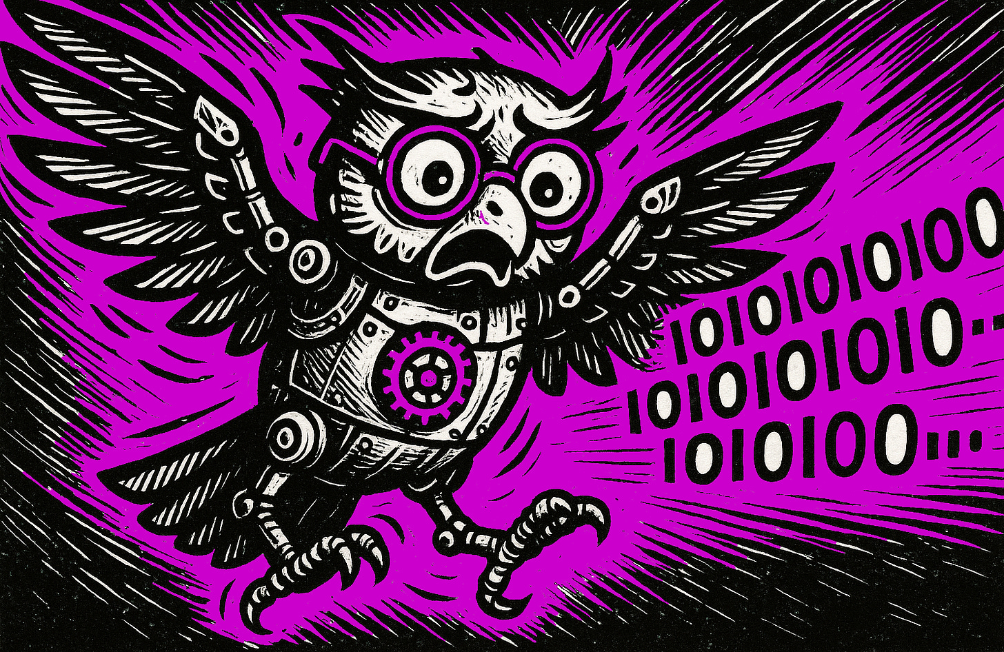 An illustration of a mechanical owl that in panic flaps its wings and emits data strings. AI-generated using ChatGPT An illustration of a mechanical owl that in panic flaps its wings and emits data strings. AI-generated using ChatGPT