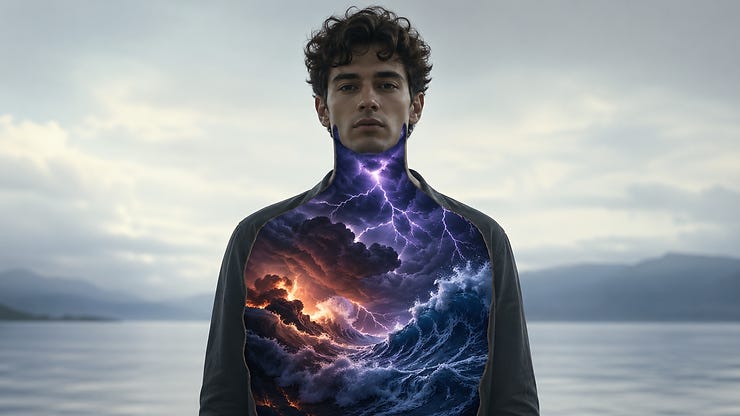 Young man with a stormy seascape inside his torso, showing lightning and waves. Moody sky and calm water in the background. Young man with a stormy seascape inside his torso, showing lightning and waves. Moody sky and calm water in the background.