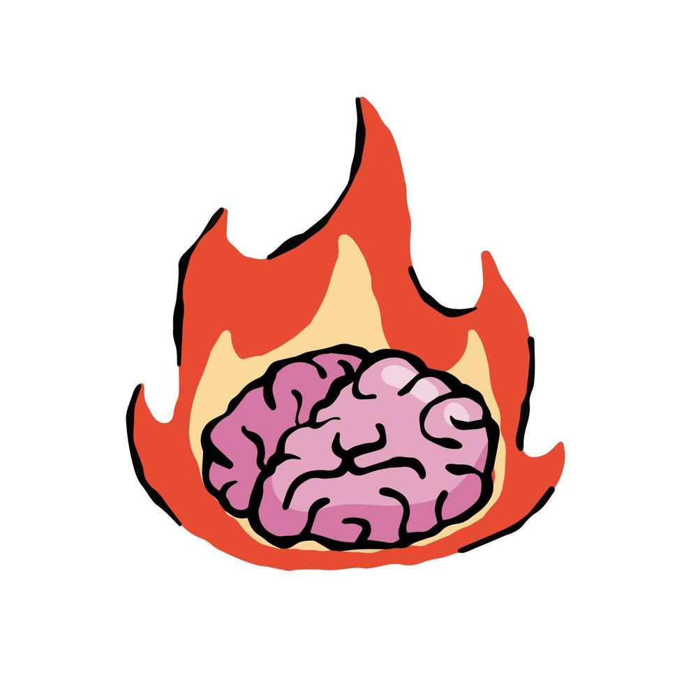 Brain on fire. Concept of burnout at work, fatigue and stress. Emotional  problems. Flame and burning. Hand drawn cartoon illustration 21640239  Vector Art at Vecteezy