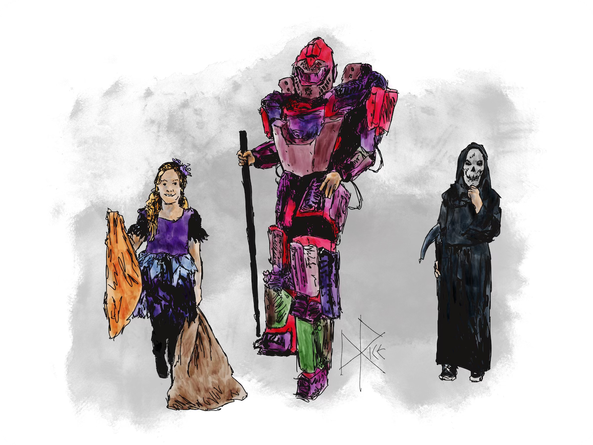 A trio of candy fans stand on a porch, seeking treats. Princess - Robot - Death. Sketch art by Don Rice.