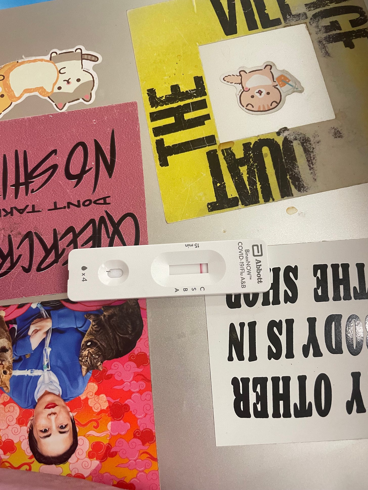 image of an upside down laptop top holding various stickers of kittens, QUEERCRIP DONT TAKE NO SHIT, MY OTHER BODY IS IN THE SHOP, drug users lead stonewal, and the face of Alice Wong surrounded by her cats bert and ernie image of an upside down laptop top holding various stickers of kittens, QUEERCRIP DONT TAKE NO SHIT, MY OTHER BODY IS IN THE SHOP, drug users lead stonewal, and the face of Alice Wong surrounded by her cats bert and ernie