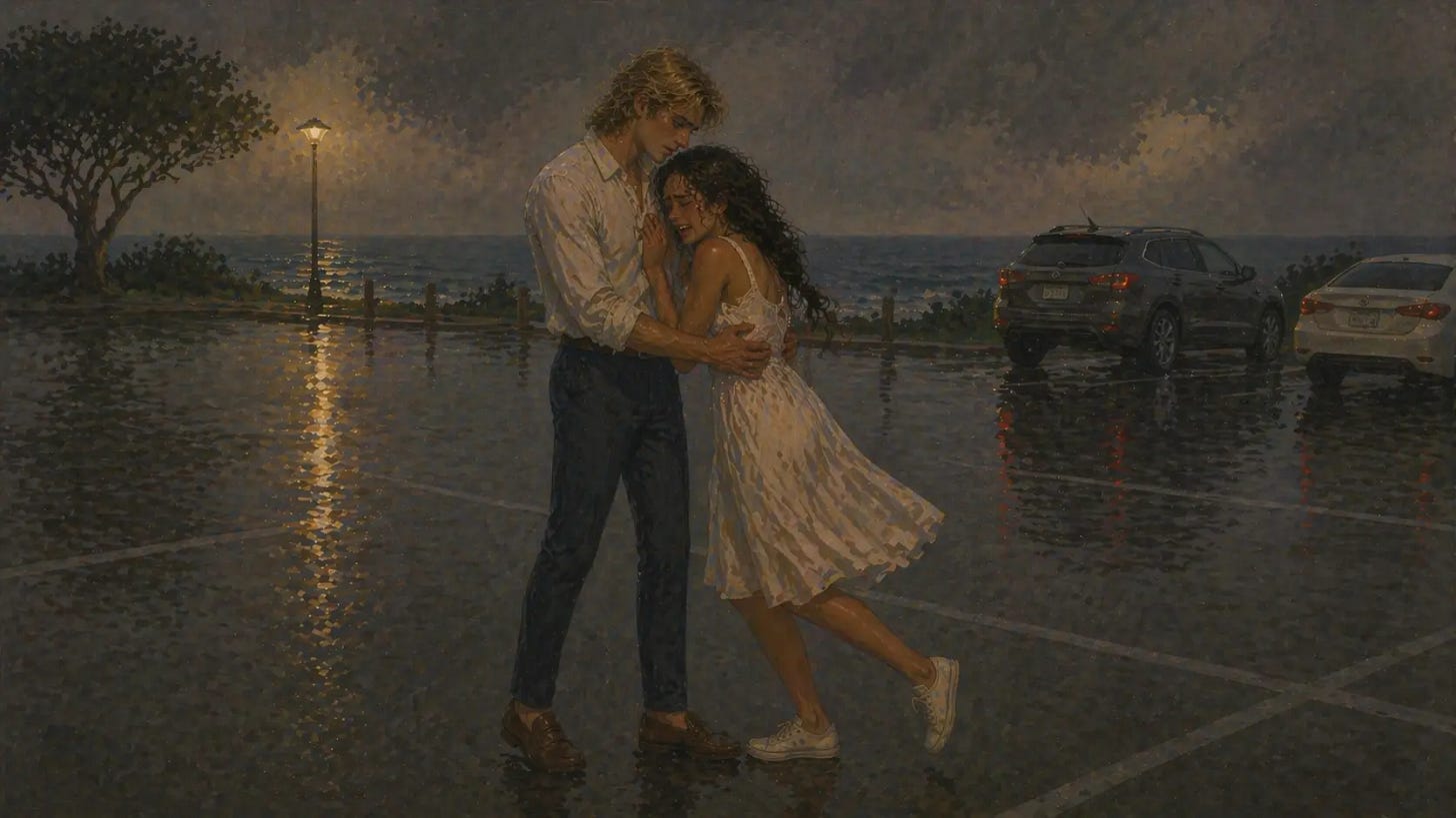 Young man steadies a distressed young Mexican American woman in an empty parking lot at dusk as she leans into him, unbalanced and shaken.