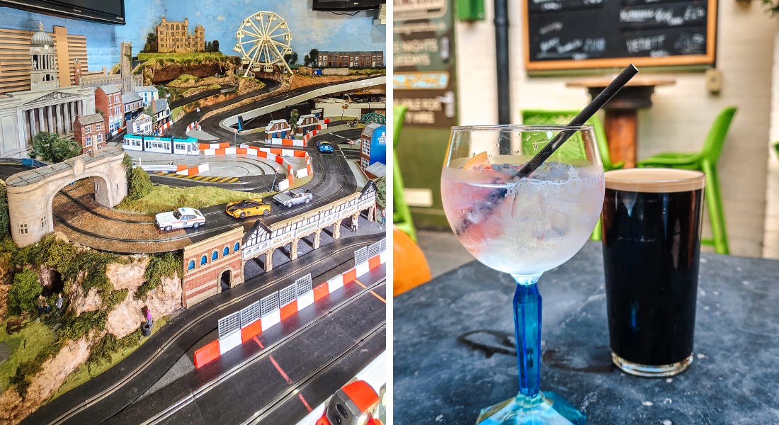 Two pictures of The Dragon pub in Nottingha - one of the Scalextric Nottingham track and one of two drinks on a grey table with a blackboard behind it Two pictures of The Dragon pub in Nottingha - one of the Scalextric Nottingham track and one of two drinks on a grey table with a blackboard behind it