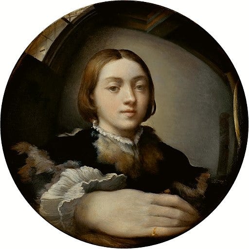 A self-portrait by Parmigianino where the painter is portrayed in front of a convex mirror, distorting the perspective and making the hand in the foreground as large as the head. A self-portrait by Parmigianino where the painter is portrayed in front of a convex mirror, distorting the perspective and making the hand in the foreground as large as the head.