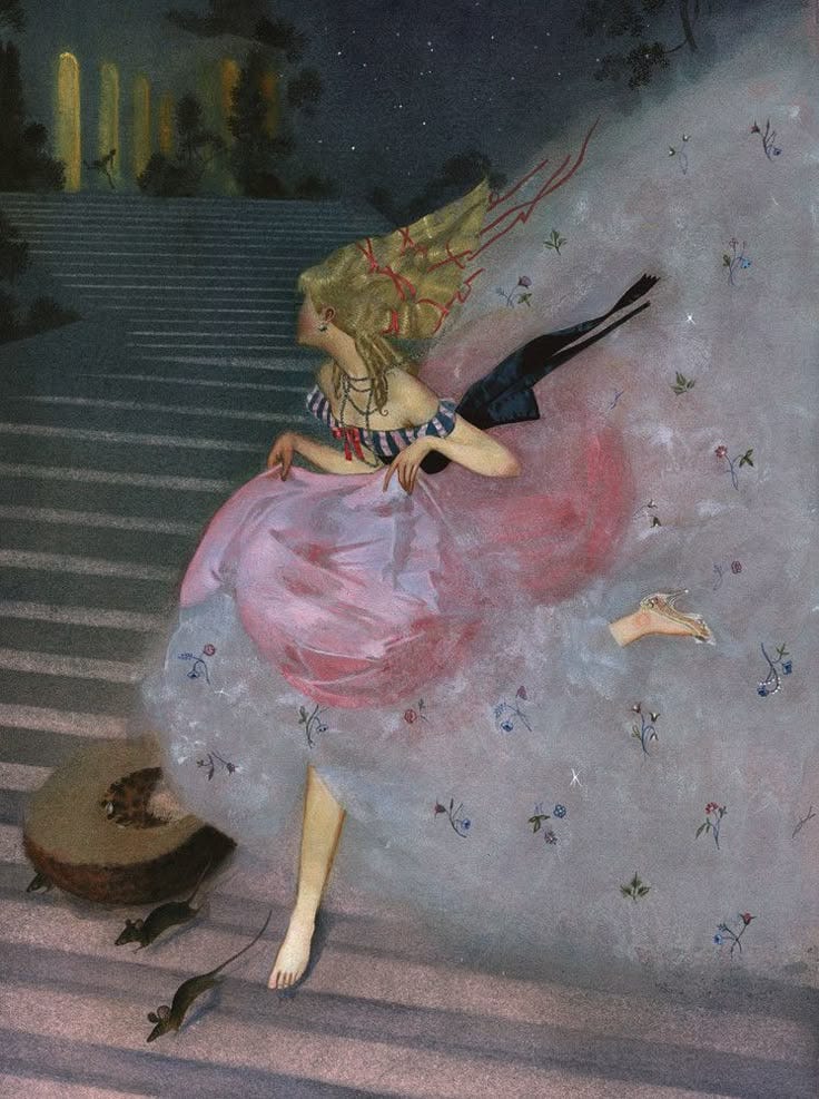 This may contain: a painting of a woman dressed as a fairy riding a skateboard down the stairs
